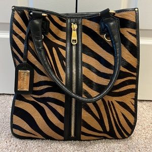 Badgley Mischka calf hair leather top handle tote handbag purse designer zebra